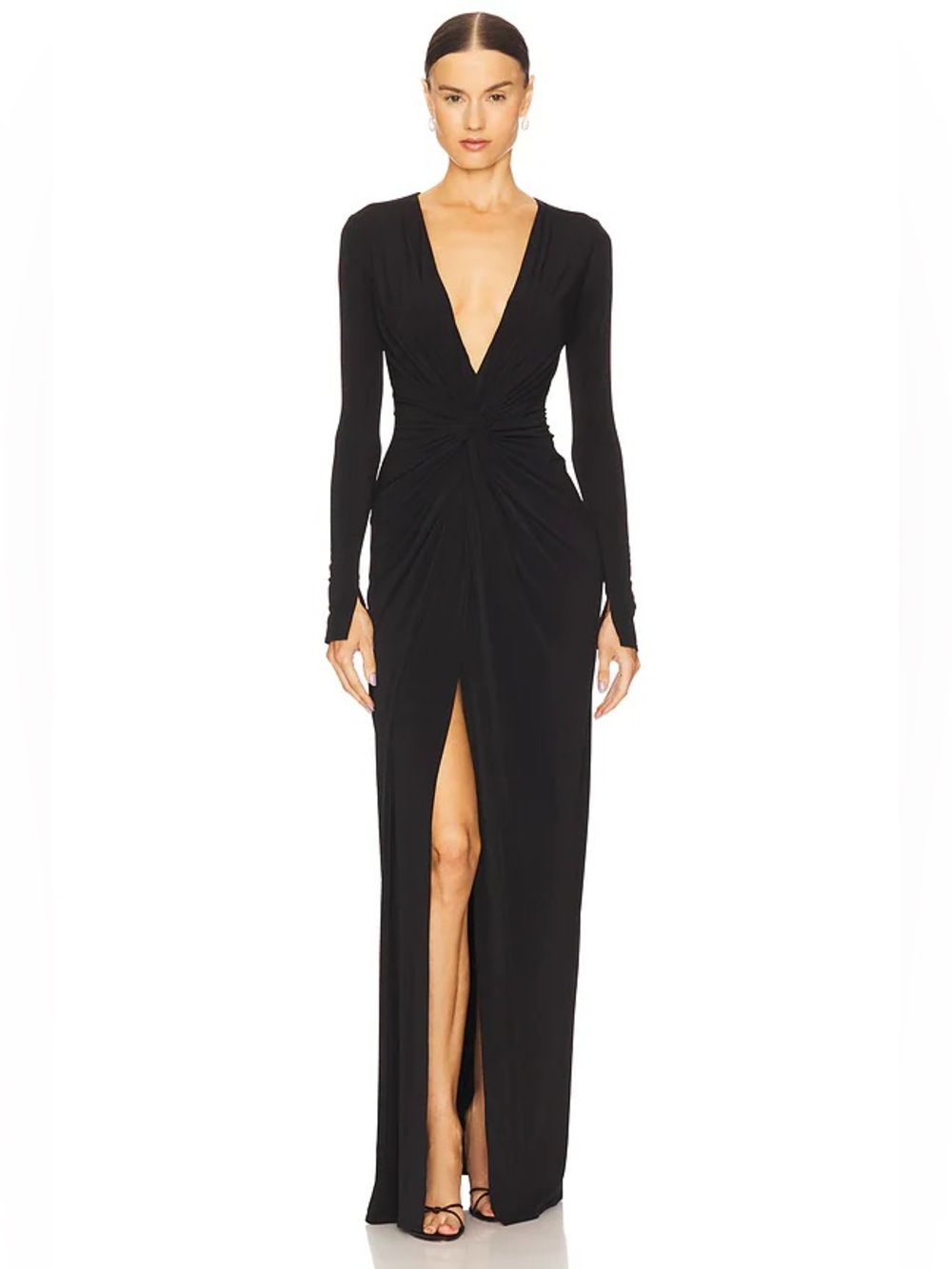 Katie may Elegant Black Long-Sleeve Twist Front Gown with Front Slit small